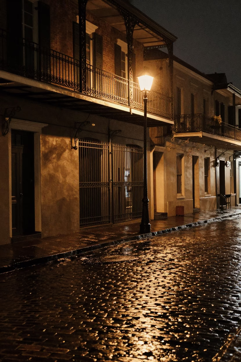 New Orleans Cobblestone Street at Late At Night Light in in New Orleans, Louisiana, United States