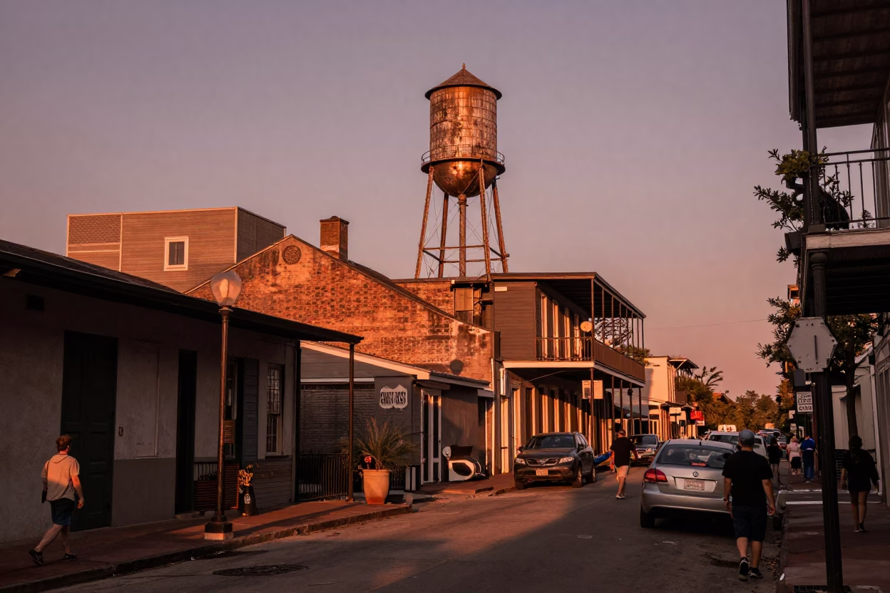 New Orleans Copper Dusk Street Scene with Rooftop Water Tower and Vintage Car Reflections in in New Orleans, Louisiana, United States