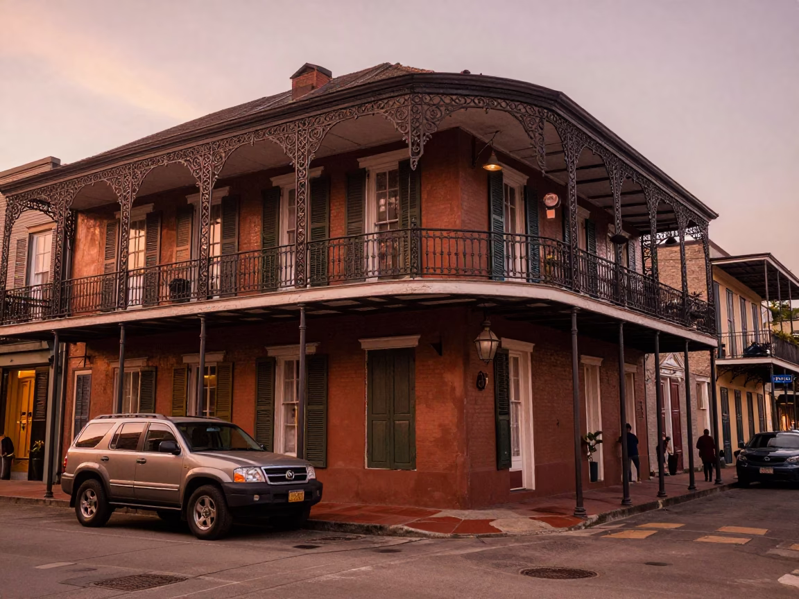 New Orleans Copper Dusk Street Scene with Vintage SUV and Local Interaction in in New Orleans, Louisiana, United States