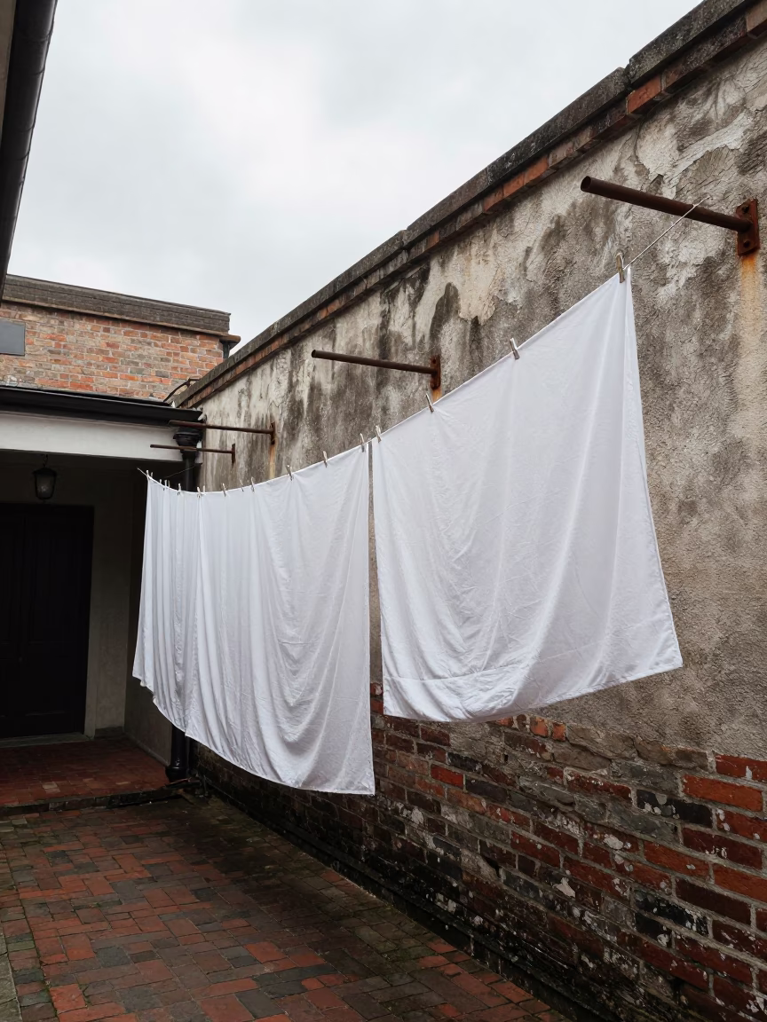 New Orleans courtyard laundry hanging under overcast midday sky in in New Orleans, Louisiana, United States