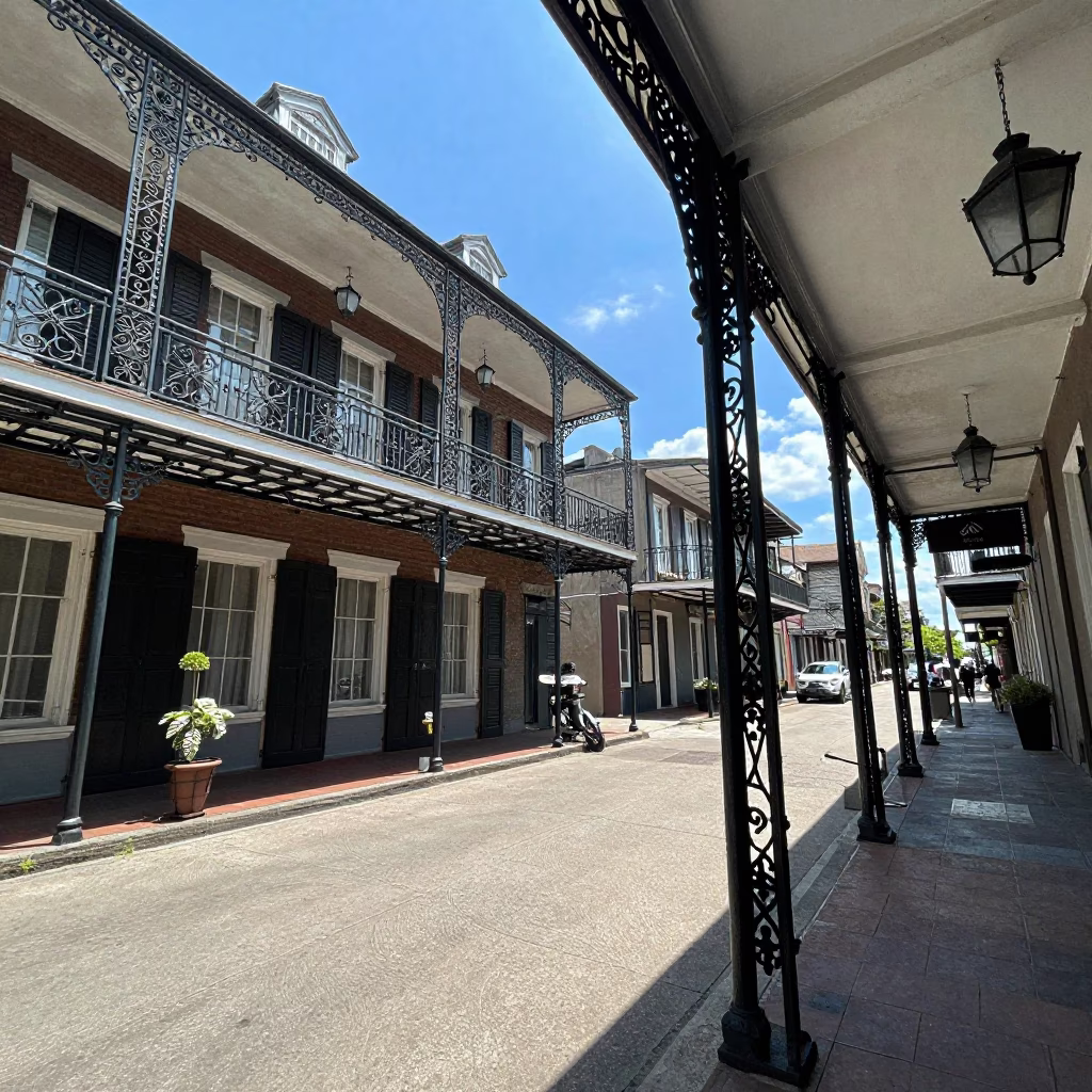 New Orleans Courtyard Noon Light with Ironwork and Casual Street Life in in New Orleans, Louisiana, United States