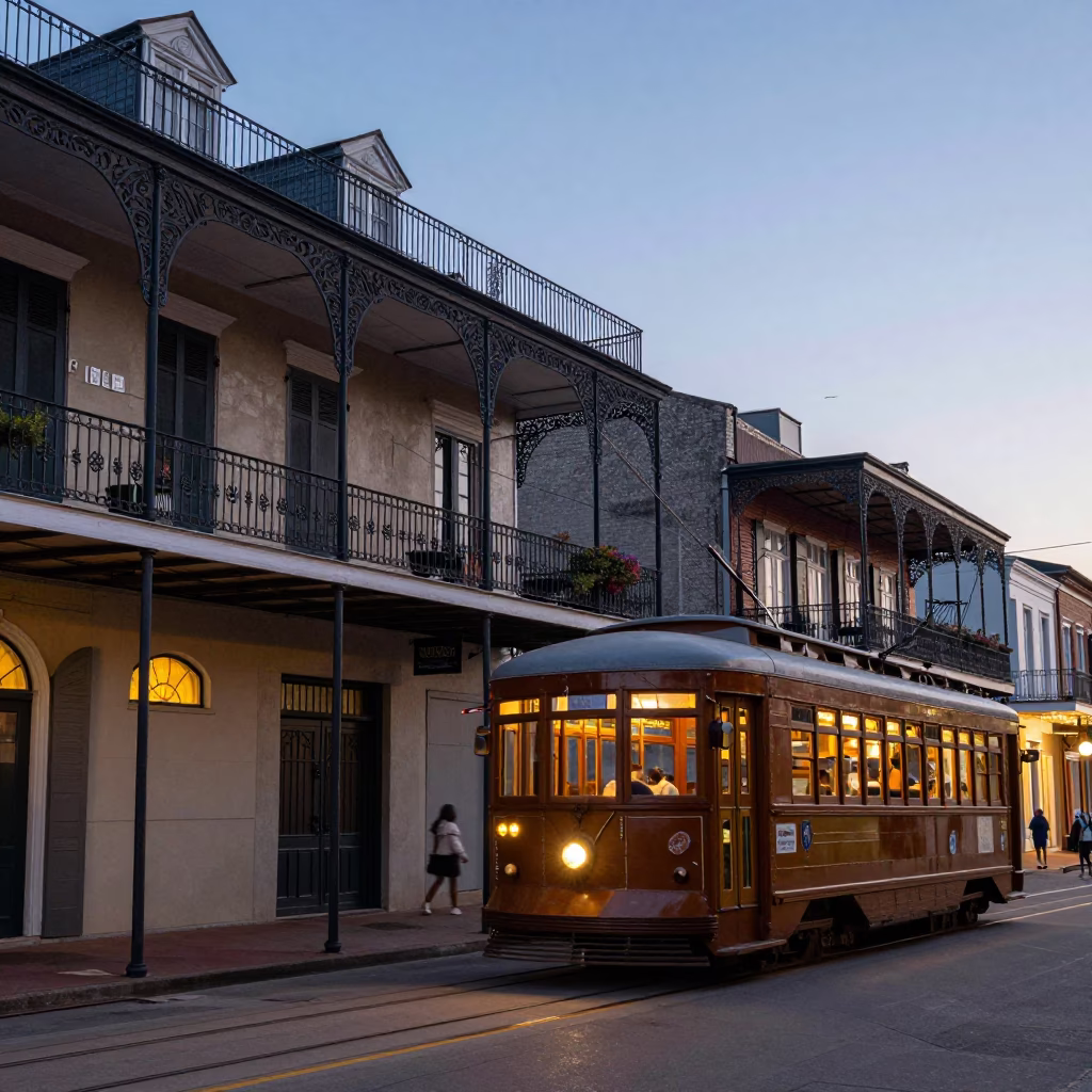 New Orleans Dawn Street Scene with Tram Passing Art Nouveau Facades in in New Orleans, Louisiana, United States