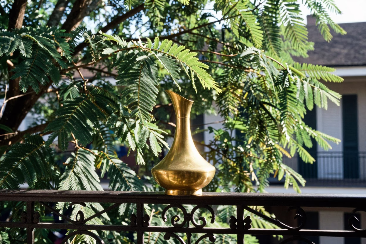 New Orleans Decanter and Tamarind Tree in Early Afternoon Light in in New Orleans, Louisiana, United States