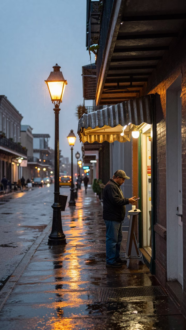 New Orleans Dusk Street Scene with Rain and Local Shopkeeper in in New Orleans, Louisiana, United States