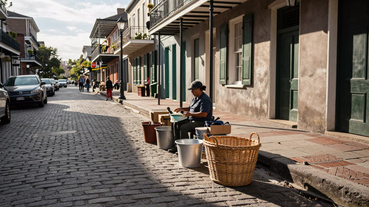 New Orleans Early Afternoon Street Scene with Basket and Steel Basin in in New Orleans, Louisiana, United States