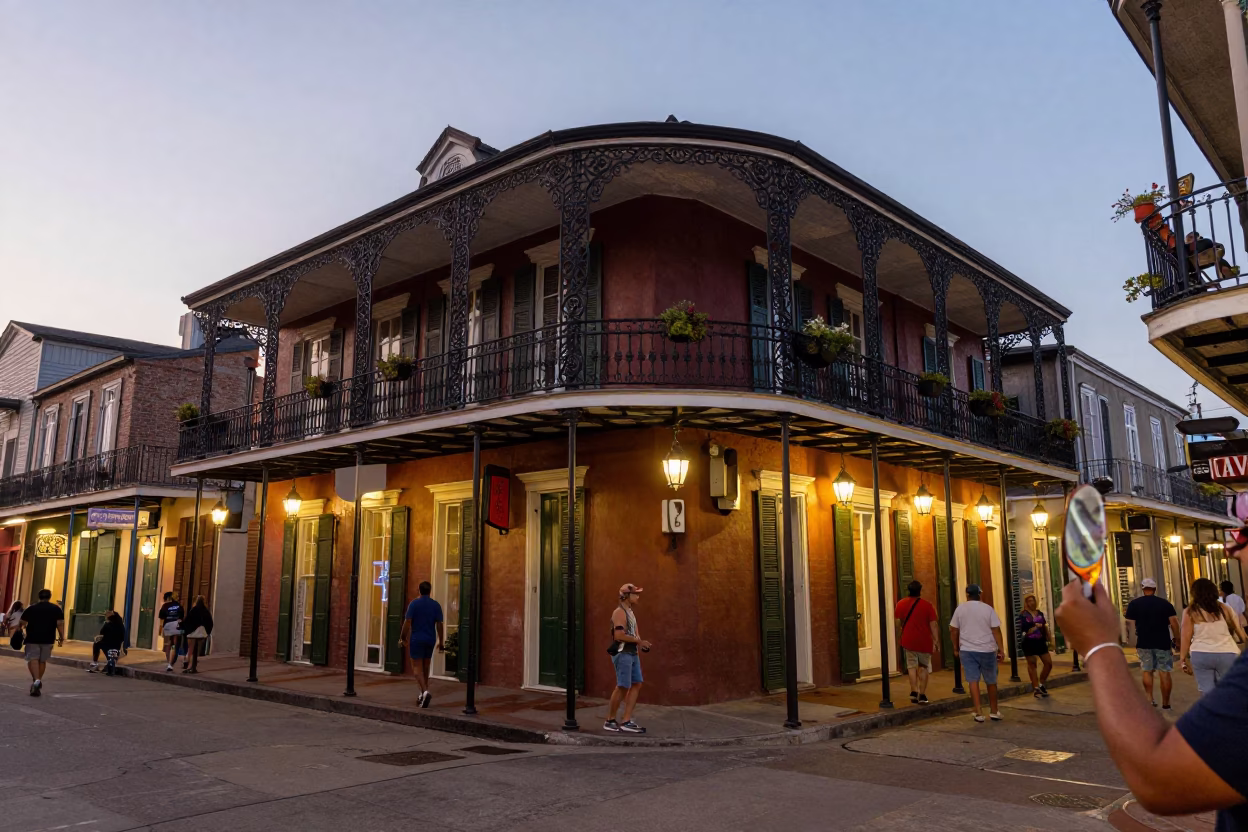 New Orleans Early Evening Street Scene with Balcony and Local Details in in New Orleans, Louisiana, United States