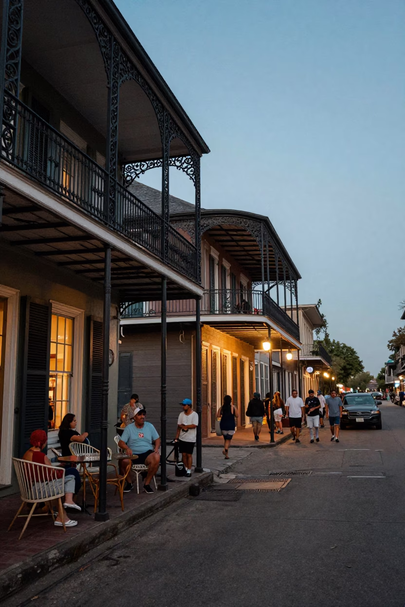 New Orleans Early Evening Street Scene with Porch Furniture and Local Atmosphere in in New Orleans, Louisiana, United States