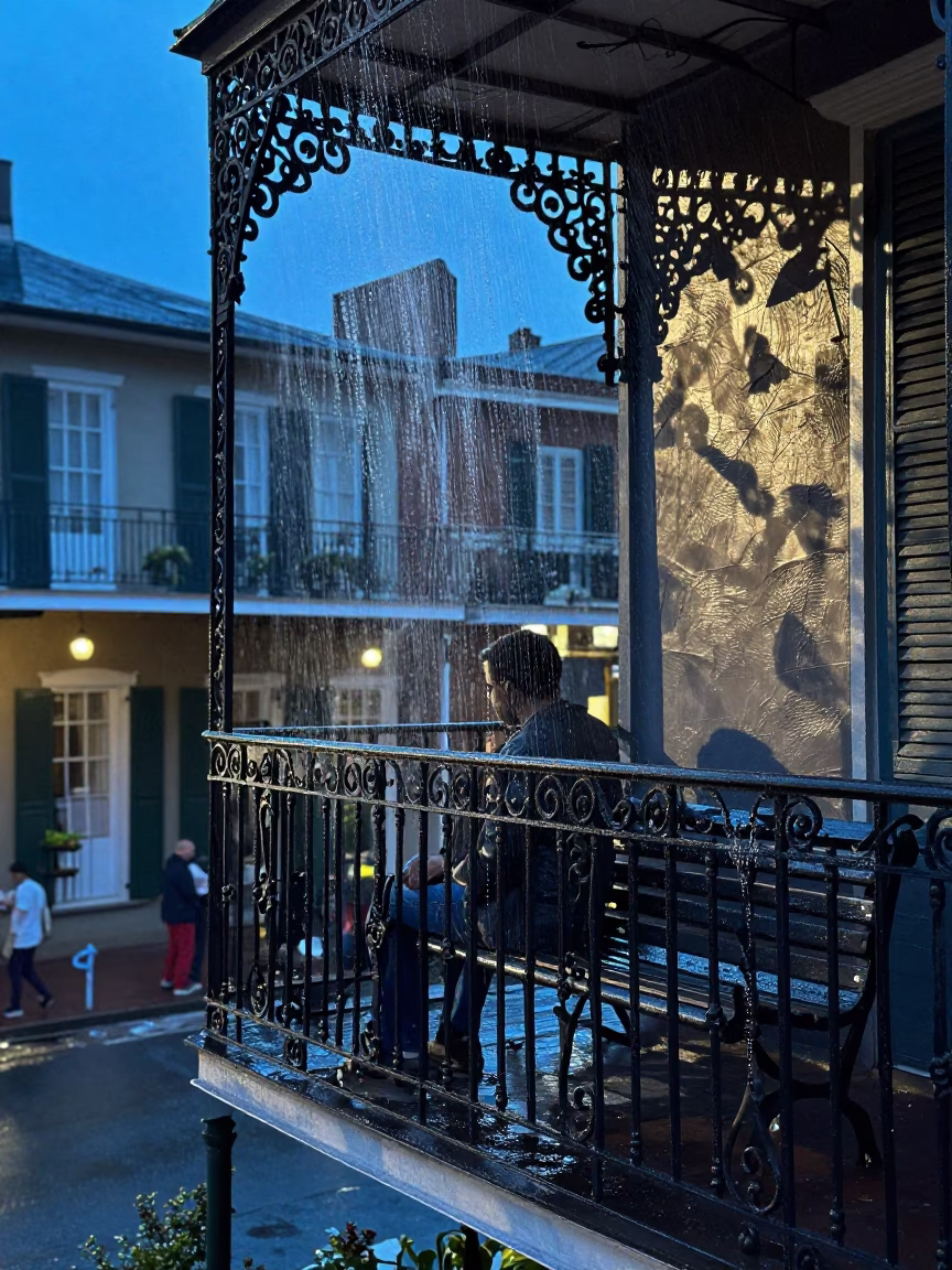 New Orleans Evening Balcony with Condensation and Wicker Shadows in Blue Light in in New Orleans, Louisiana, United States