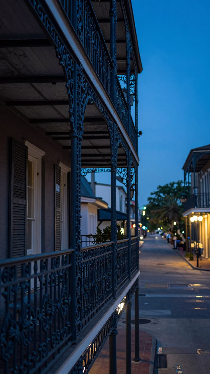 New Orleans Evening Blue Hour Iron Balcony Street Scene with Wicker Shadow in in New Orleans, Louisiana, United States