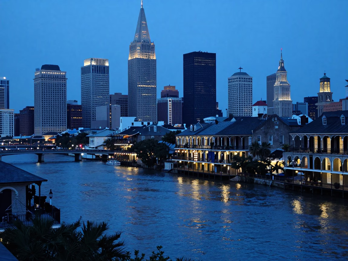 New Orleans Evening Skyline View with French Quarter Balconies and Riverfront Activity in in New Orleans, Louisiana, United States