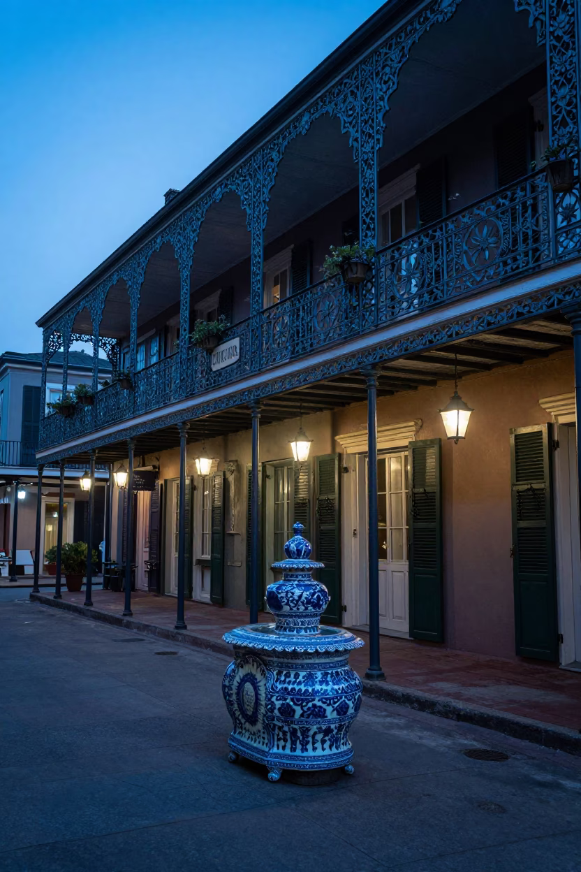 New Orleans Evening Street Scene with Blue Porcelain and Tiffin Tin in in New Orleans, Louisiana, United States