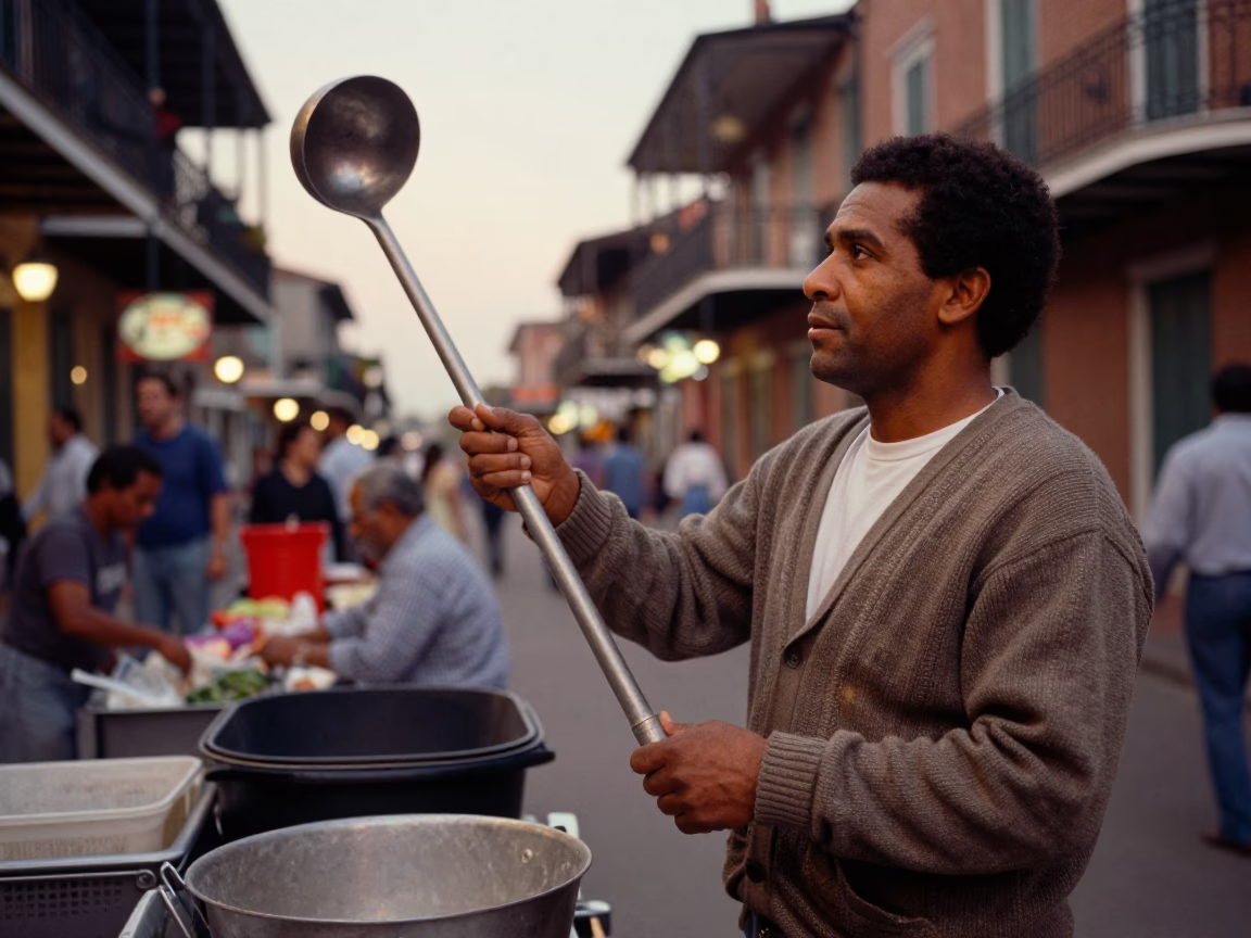 New Orleans Evening Street Scene with Cardigan and Ladle in in New Orleans, Louisiana, United States