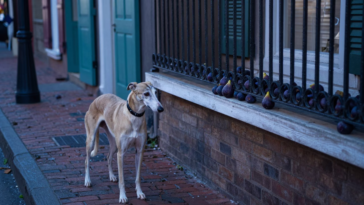 New Orleans Evening Street Scene with Dog and Figs on Balcony Railing in in New Orleans, Louisiana, United States