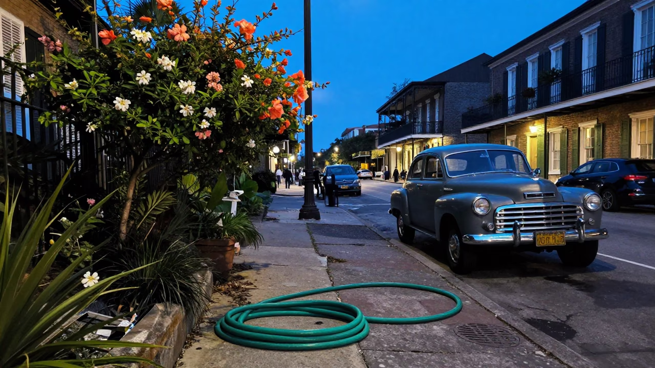 New Orleans Evening Street Scene with Flowering Plant and Garden Hose in Blue Light in in New Orleans, Louisiana, United States