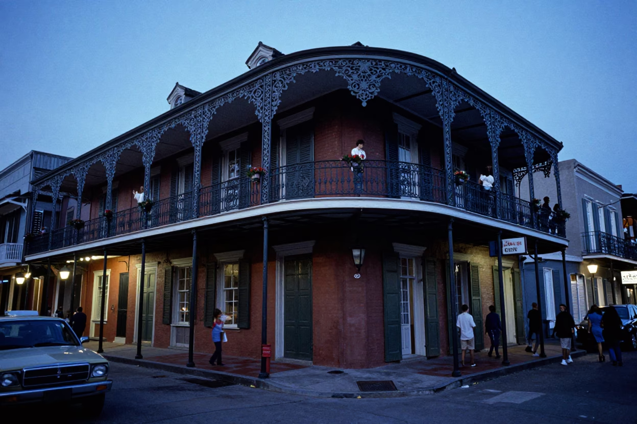 New Orleans Evening Street Scene with Iron Balconies and Blue Light in in New Orleans, Louisiana, United States