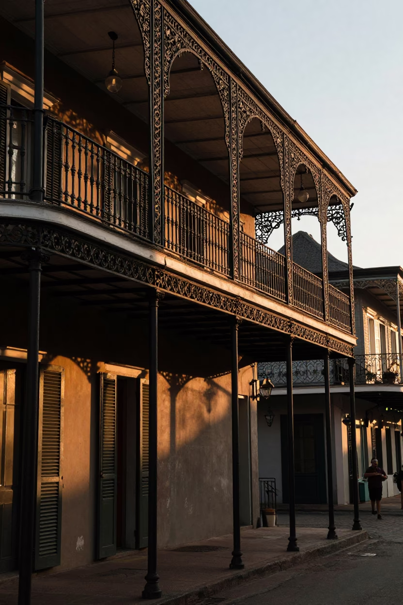 New Orleans Evening Street Scene with Iron Balconies and Brushed Steel Railings in in New Orleans, Louisiana, United States