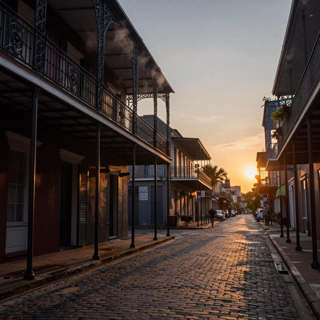New Orleans Evening Street Scene with Iron Balconies and Condensation in in New Orleans, Louisiana, United States