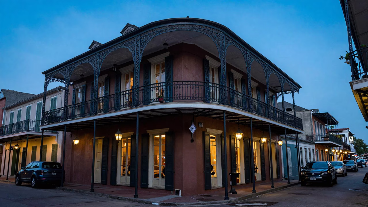 New Orleans Evening Street Scene with Iron Balcony and Local Life in in New Orleans, Louisiana, United States