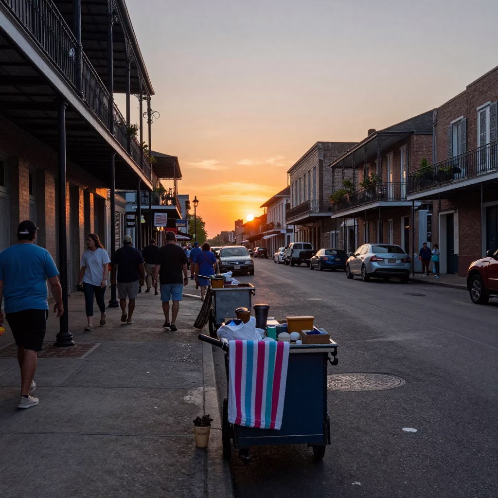 New Orleans Evening Street Scene with Local Vendors and Sunset Light in in New Orleans, Louisiana, United States