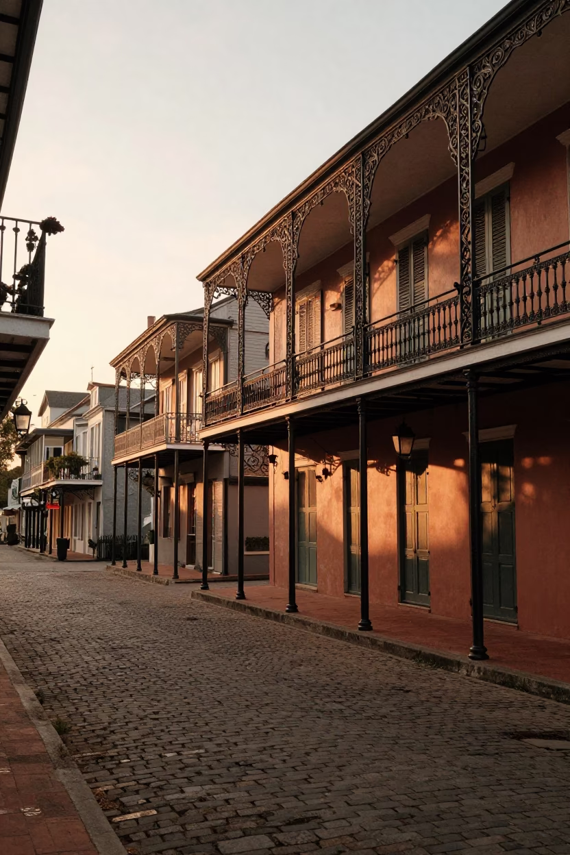 New Orleans Evening Street Scene with Wrought Iron Balconies and Local Life in in New Orleans, Louisiana, United States