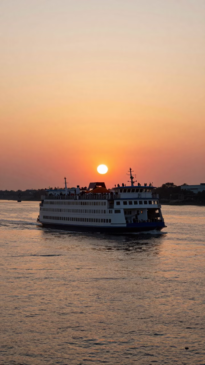 New Orleans Ferry Crossing at As The Sun Drops Toward The Horizon in in New Orleans, Louisiana, United States