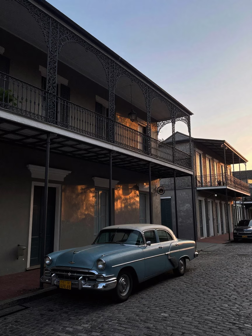 New Orleans French Quarter Balcony at Dawn with Vintage Car and Peonies in in New Orleans, Louisiana, United States