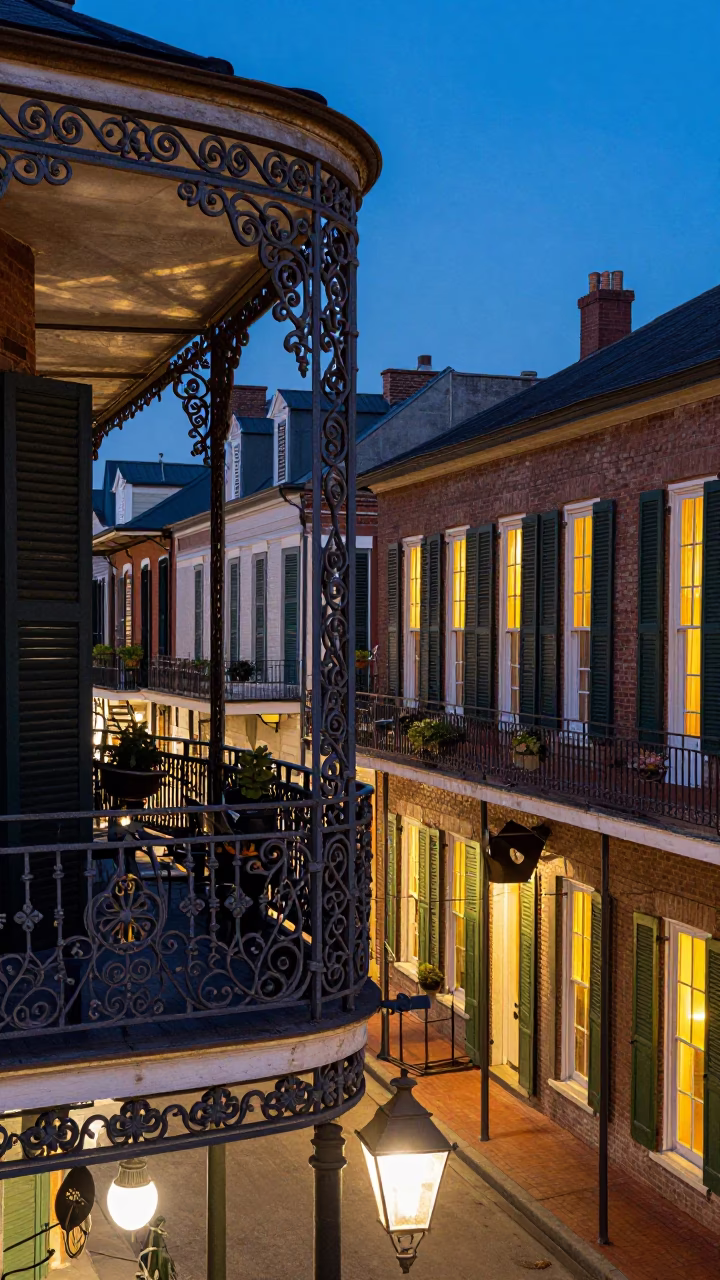 New Orleans French Quarter balcony at dusk with ironwork and city lights in in New Orleans, Louisiana, United States