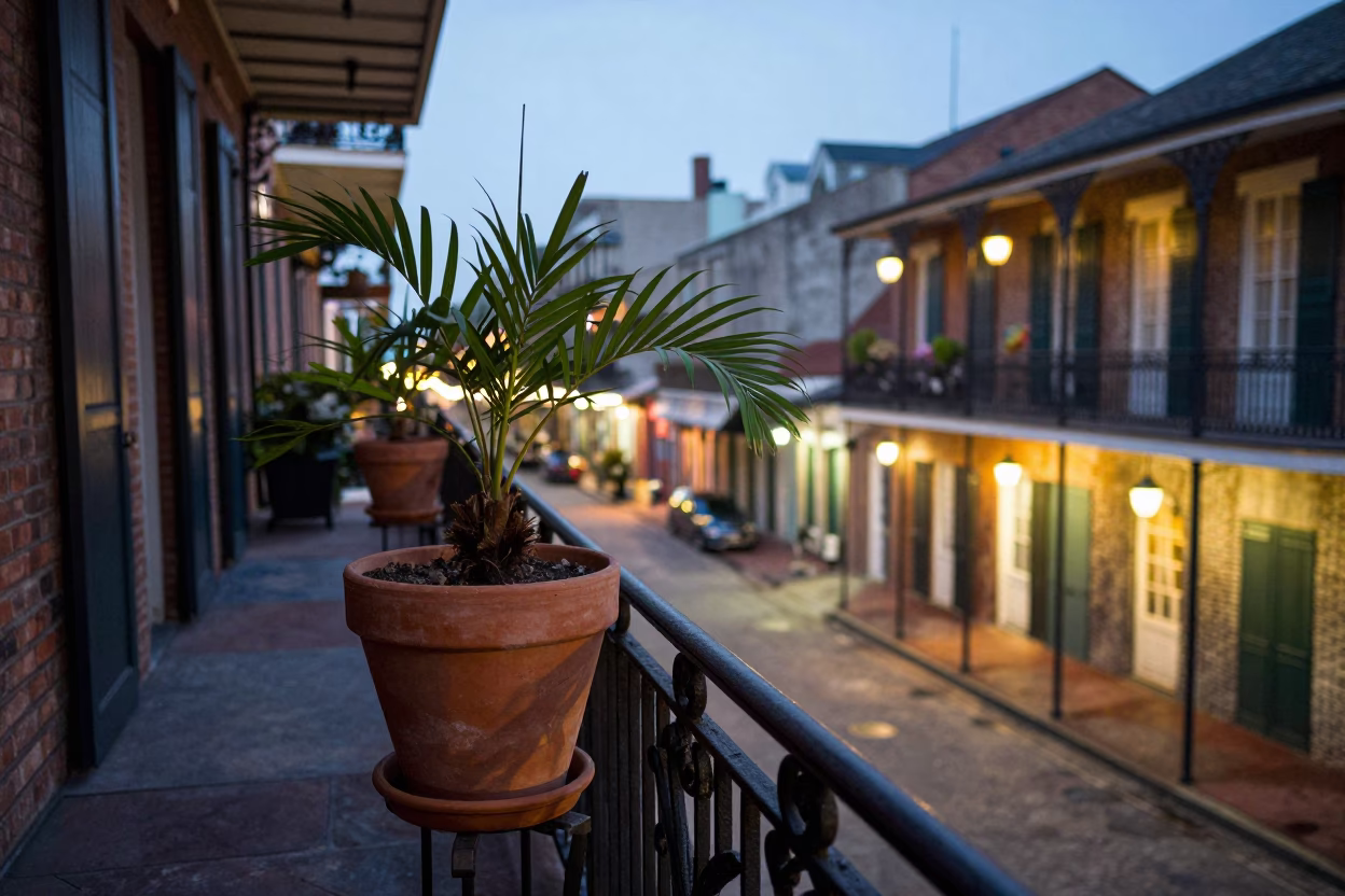 New Orleans French Quarter Balcony at Dusk with Terracotta Pot and Blue Porcelain in in New Orleans, Louisiana, United States
