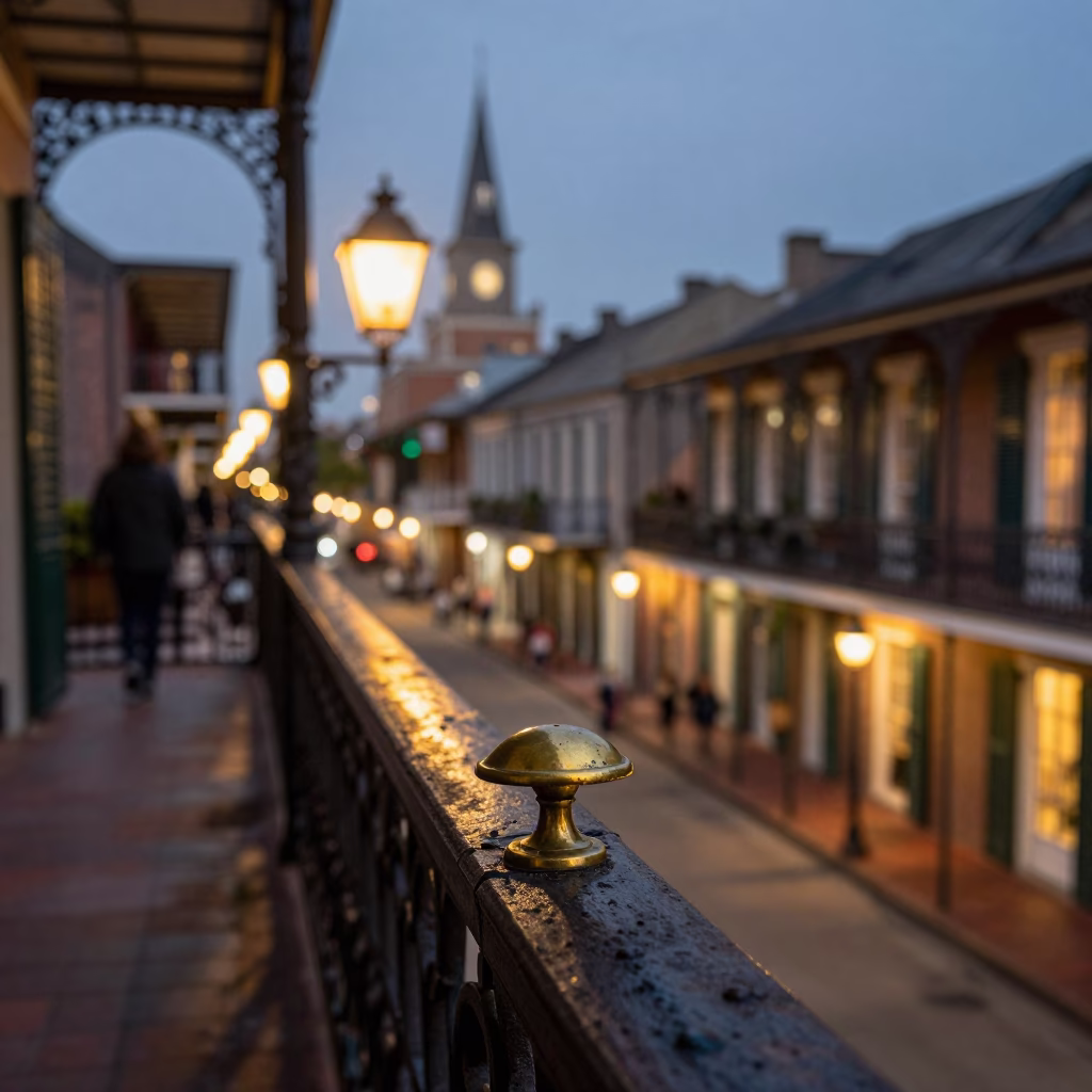 New Orleans French Quarter balcony at dusk with wrought iron and brass details in in New Orleans, Louisiana, United States