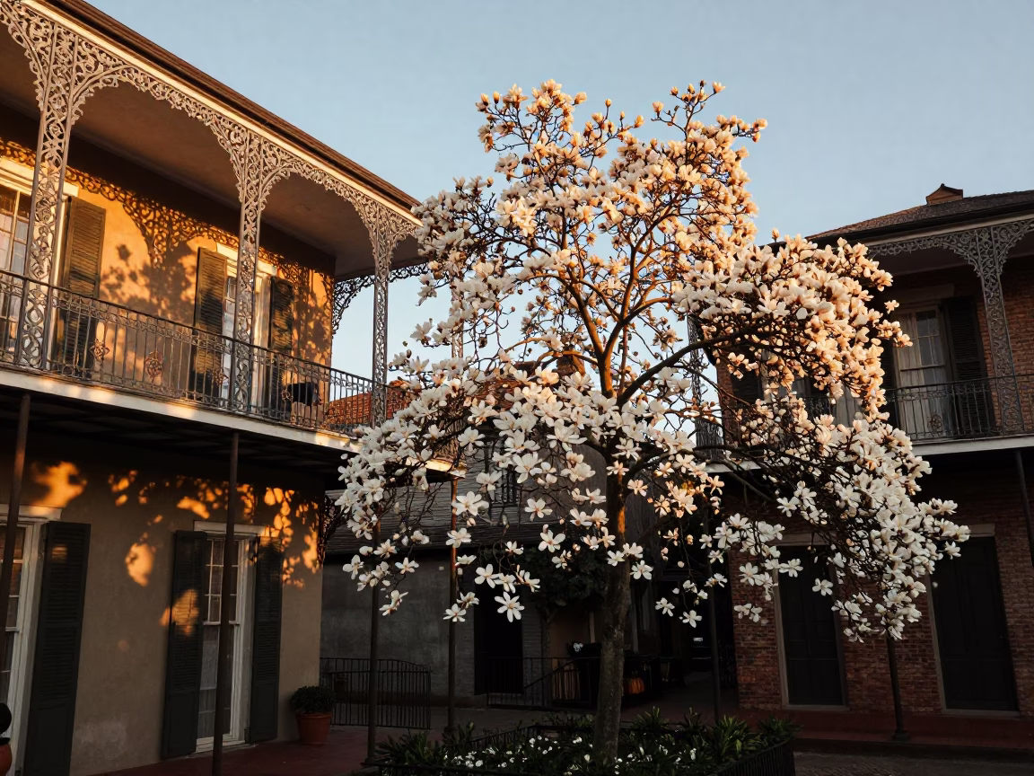New Orleans French Quarter balcony at sunset with magnolia tree and iron latch details in in New Orleans, Louisiana, United States