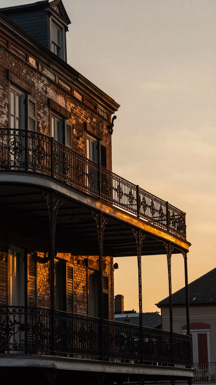 New Orleans French Quarter balcony at sunset with wrought iron and street life in in New Orleans, Louisiana, United States