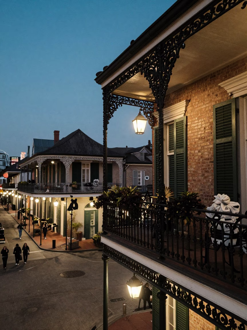 New Orleans French Quarter Balcony at Twilight with Green Banker Lamp and Bicycle Basket in in New Orleans, Louisiana, United States