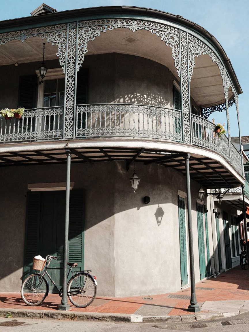 New Orleans French Quarter Balcony Detail with Bicycle and Sunlight at Noon in in New Orleans, Louisiana, United States