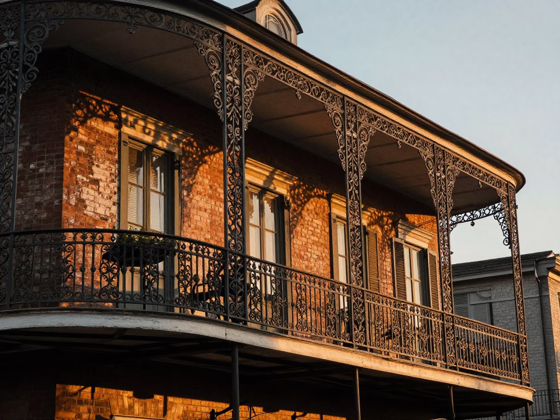 New Orleans French Quarter Balcony Evening Light with Ironwork and Street Life in in New Orleans, Louisiana, United States