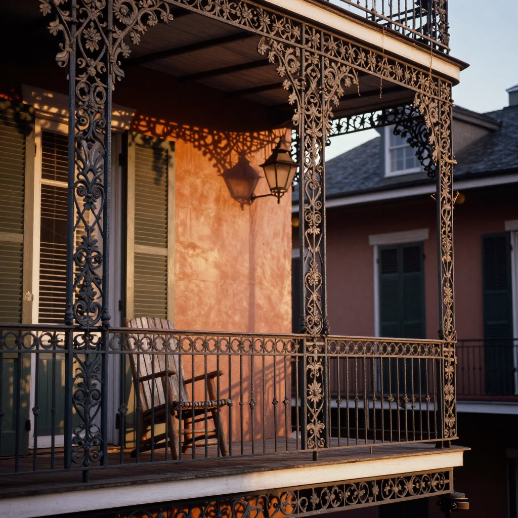 New Orleans French Quarter Balcony Evening Light with Twine and Deck Chair in in New Orleans, Louisiana, United States