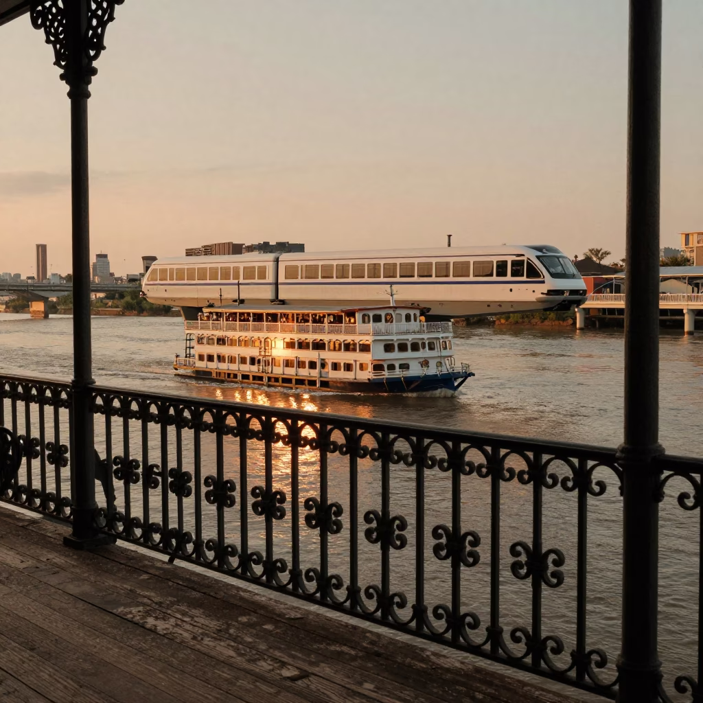 New Orleans French Quarter Balcony Evening View with Monorail and River Traffic in in New Orleans, Louisiana, United States