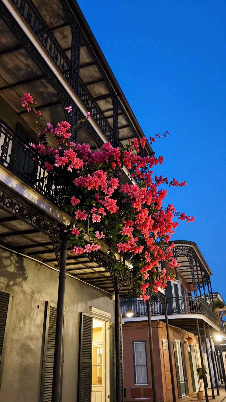 New Orleans French Quarter Balcony Evening with Flowering Plant and Scarf in in New Orleans, Louisiana, United States