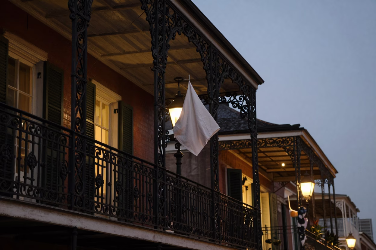 New Orleans French Quarter Balcony Evening with Hanging Handkerchief and City Lights in in New Orleans, Louisiana, United States