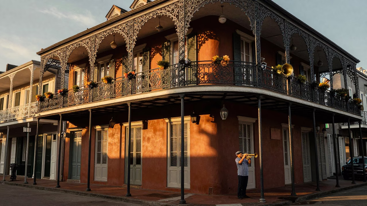 New Orleans French Quarter Balcony Evening with Ironwork and Street Life in in New Orleans, Louisiana, United States