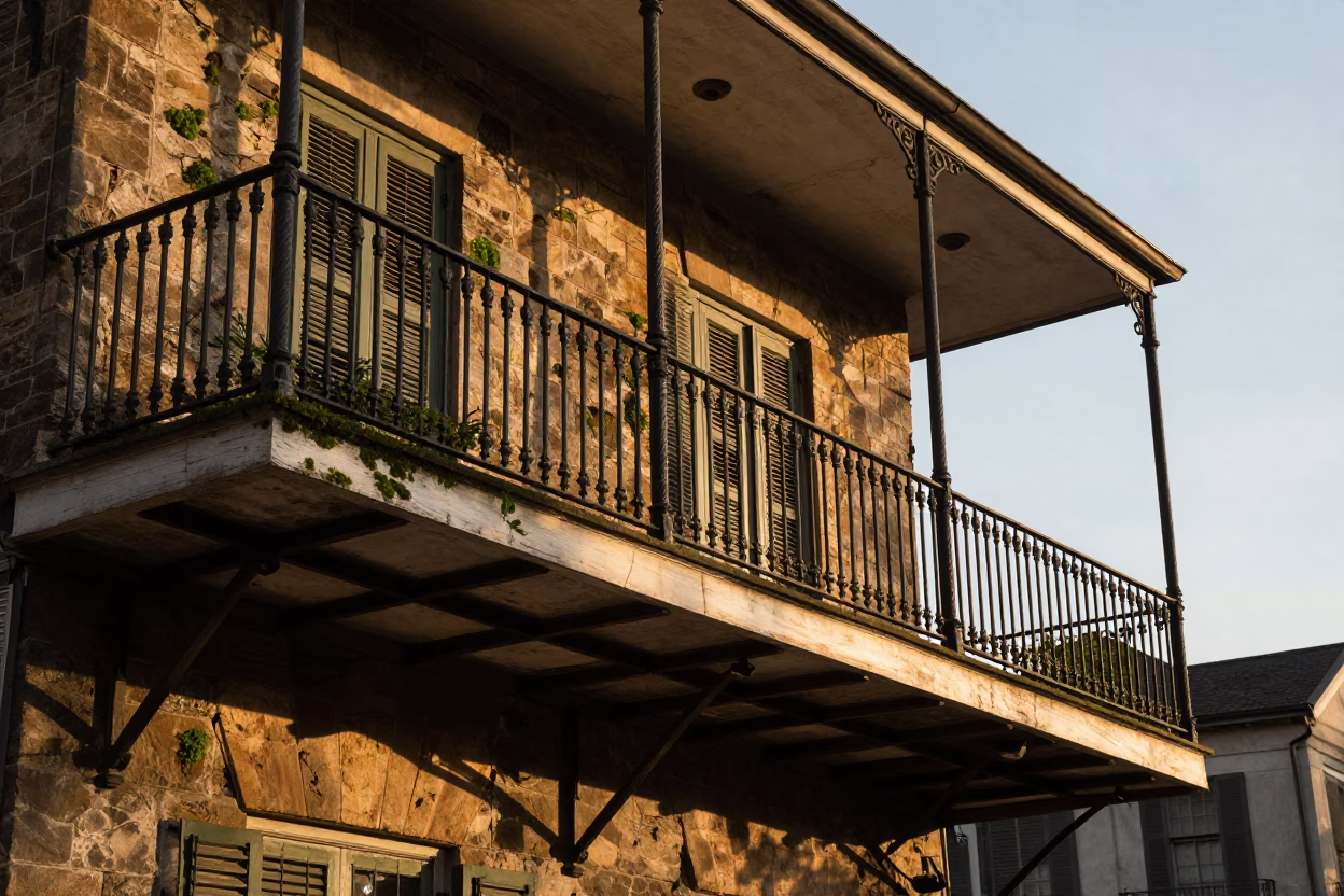New Orleans French Quarter Balcony Evening with Mossy Stone and Bougainvillea in in New Orleans, Louisiana, United States