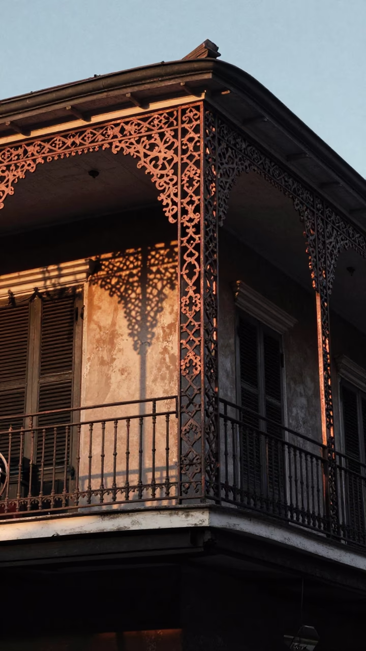 New Orleans French Quarter balcony ironwork and copper-toned evening light before dusk in in New Orleans, Louisiana, United States