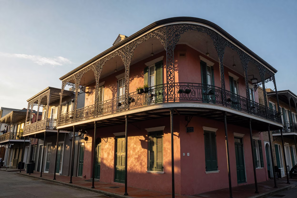 New Orleans French Quarter balcony ironwork and street life at sunset in in New Orleans, Louisiana, United States
