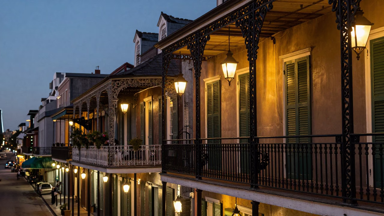 New Orleans French Quarter Balcony Ironwork and Streetlights at Dusk in in New Orleans, Louisiana, United States