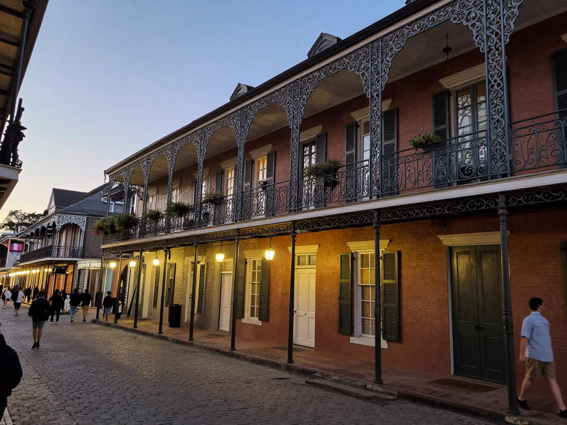 New Orleans French Quarter Balcony Ironwork at Dusk with Street Life in in New Orleans, Louisiana, United States
