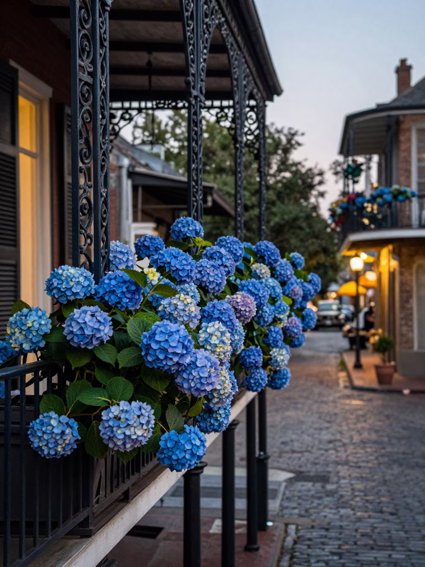 New Orleans French Quarter balcony ironwork hydrangeas early evening street scene in in New Orleans, Louisiana, United States
