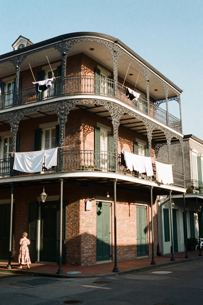 New Orleans French Quarter balcony laundry and street scene late afternoon in in New Orleans, Louisiana, United States