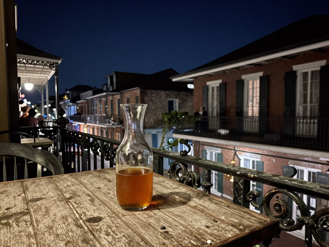 New Orleans French Quarter Balcony Night Scene with Carafe and Drinking Vessel in in New Orleans, Louisiana, United States
