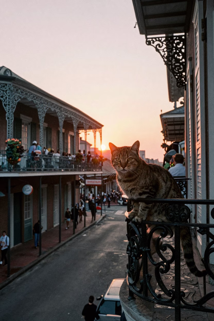 New Orleans French Quarter Balcony Street Scene at Sunset with Cup and Toyger Cat in in New Orleans, Louisiana, United States