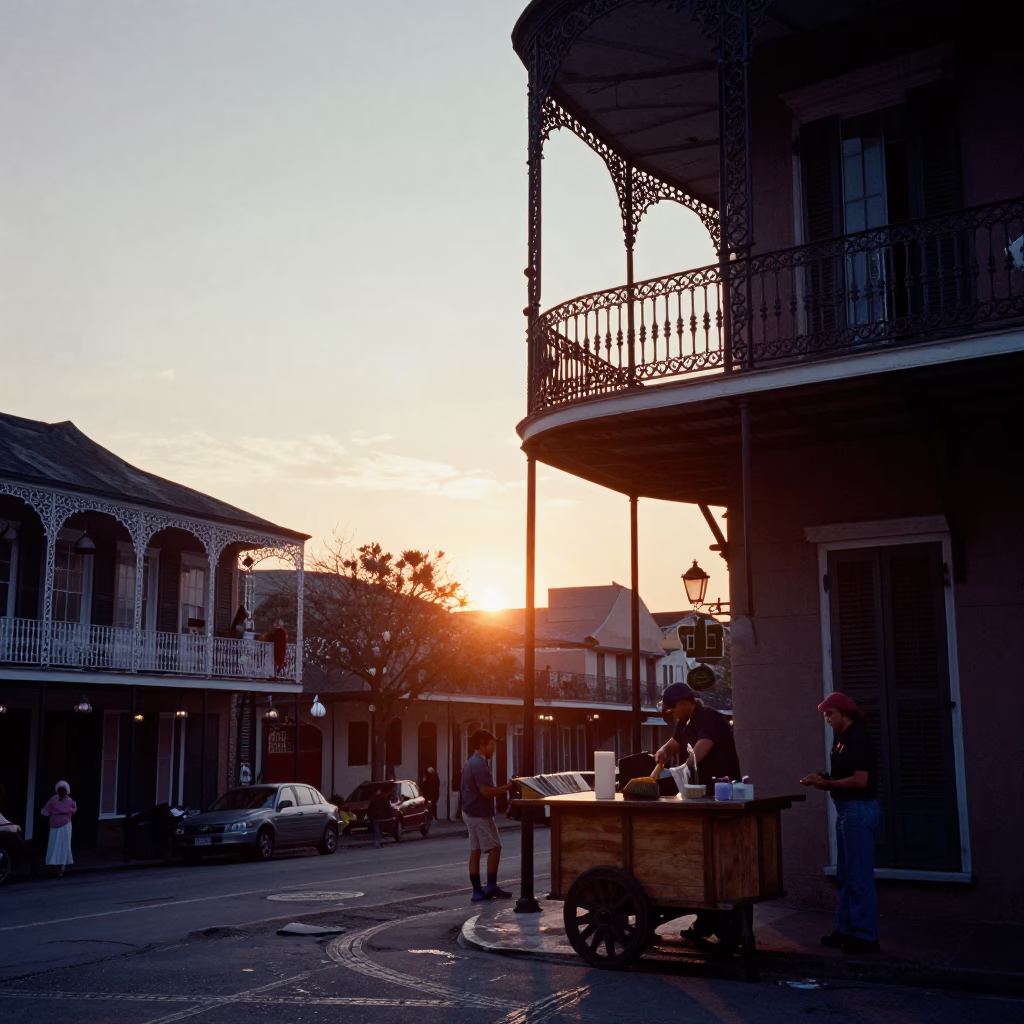 New Orleans French Quarter Balcony Sunset With Catholic Easter Vigil Candles And Water Marks in in New Orleans, Louisiana, United States