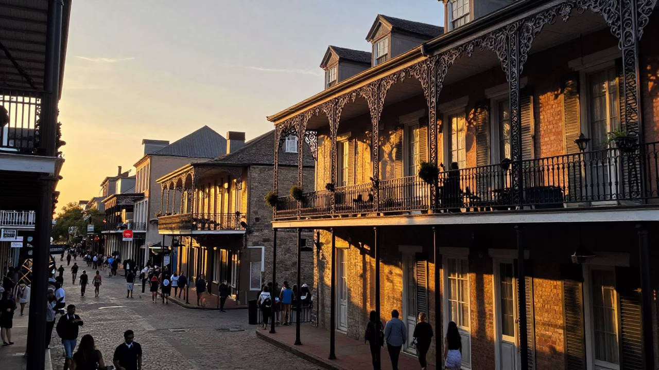 New Orleans French Quarter Balcony Sunset with Ironwork and Street Life in in New Orleans, Louisiana, United States